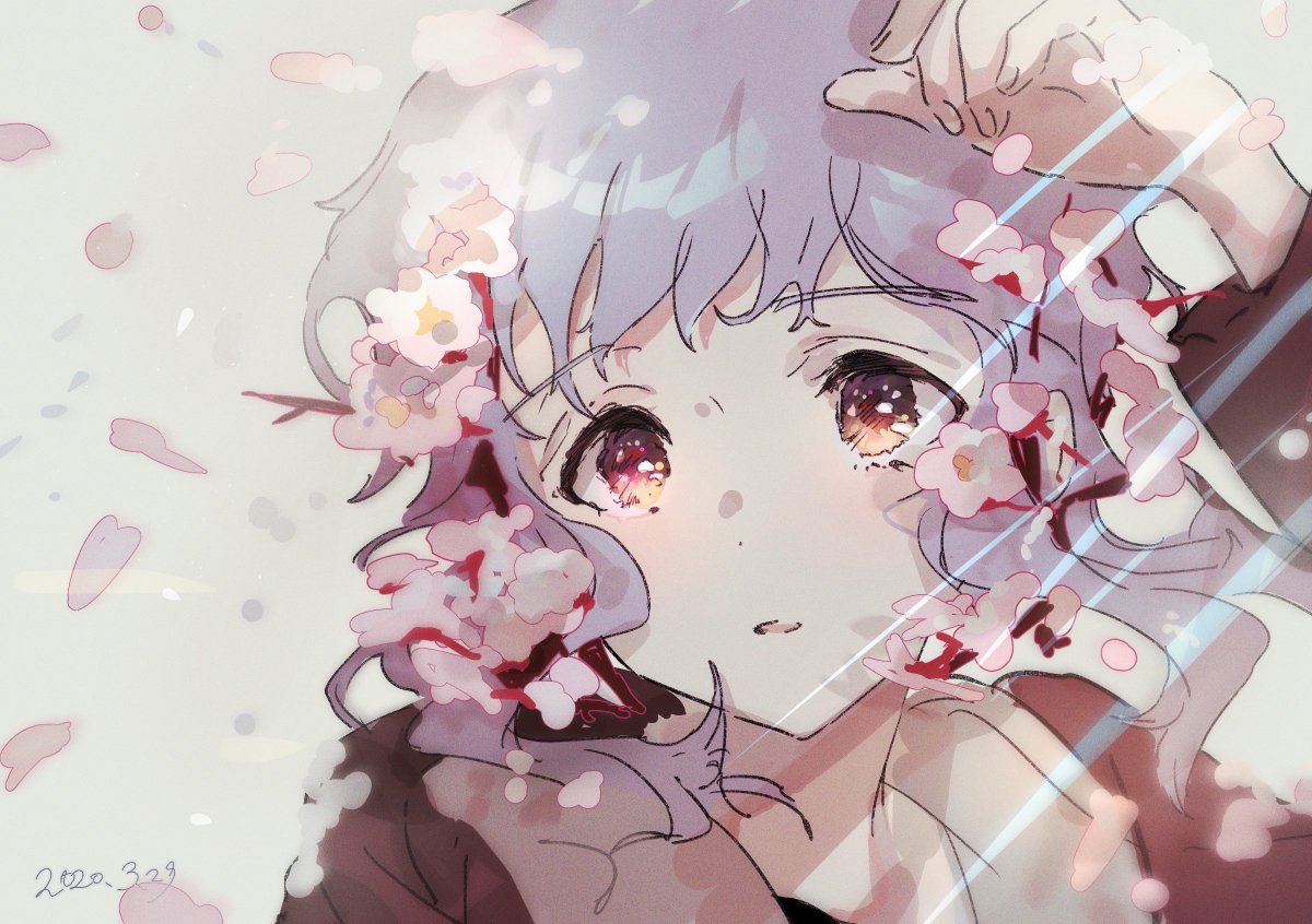1girl solo cherry blossoms flower parted lips petals purple hair  illustration images