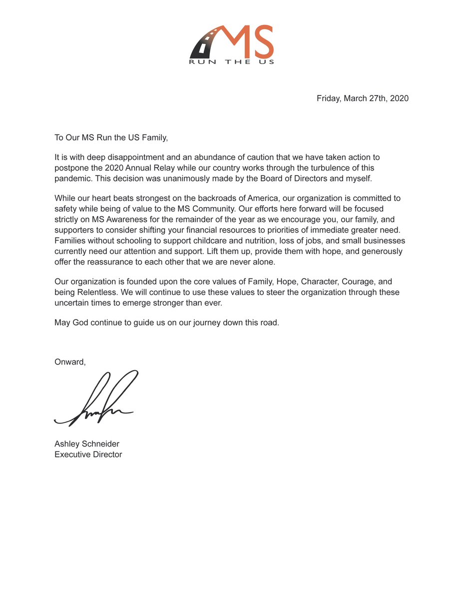 It is with our MS family in mind, and our collective human community, that we have made the extremely difficult decision to postpone our 2020 Relay until further notice. 🧡