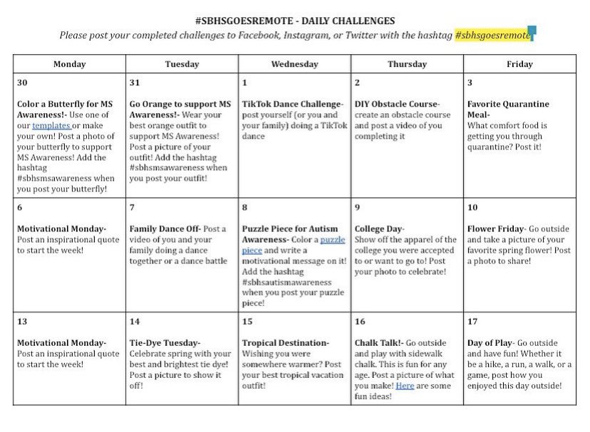 Do one of our daily challenges at home and tag us or hashtag #sbhsgoesremote! 🖤🏆