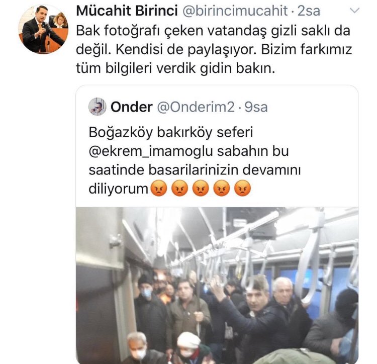 Kağıthane-Kabataş hattını 22 Martta 1, bugün 71 yolcu kullanmış. Hepsi sabah 6’da aynı duraktan...
Boğazköy-Bakırköy hattına 22 Martta 31, bugün 65 yolcu binmiş. 41’i iki duraktan ve sabah 6’da.
“Otobüs dolu” diye fotoğraf çeken, tescilli trol.
Yayan, AKP ilçe başkanı.
Nasıl ama?