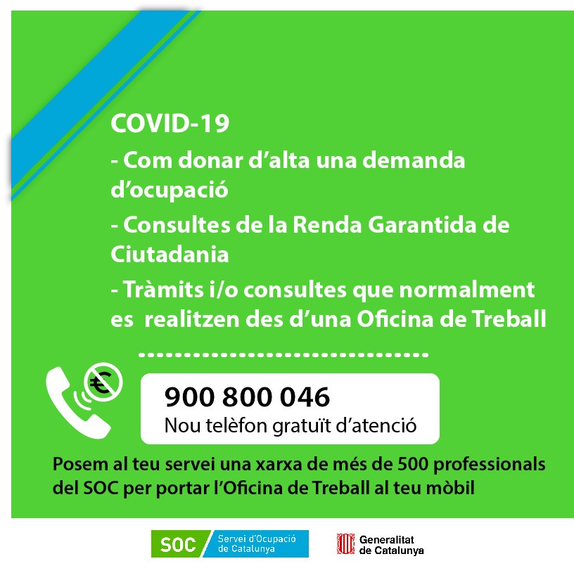 ocupaciocat's tweet photo. 📱A partir de dilluns nou telèfon gratuït d’atenció.

⏰ De 8h a 14h.

ℹ Truca per donar-te d'alta o qualsevol tràmit i consulta que feies a l'Oficina de Treball. També informem de la Renda Garantida de Ciutadania.

👩‍💻 Més de 500 professionals del #SOC, preparats per atendre't. https://t.co/z2h05yHgsO