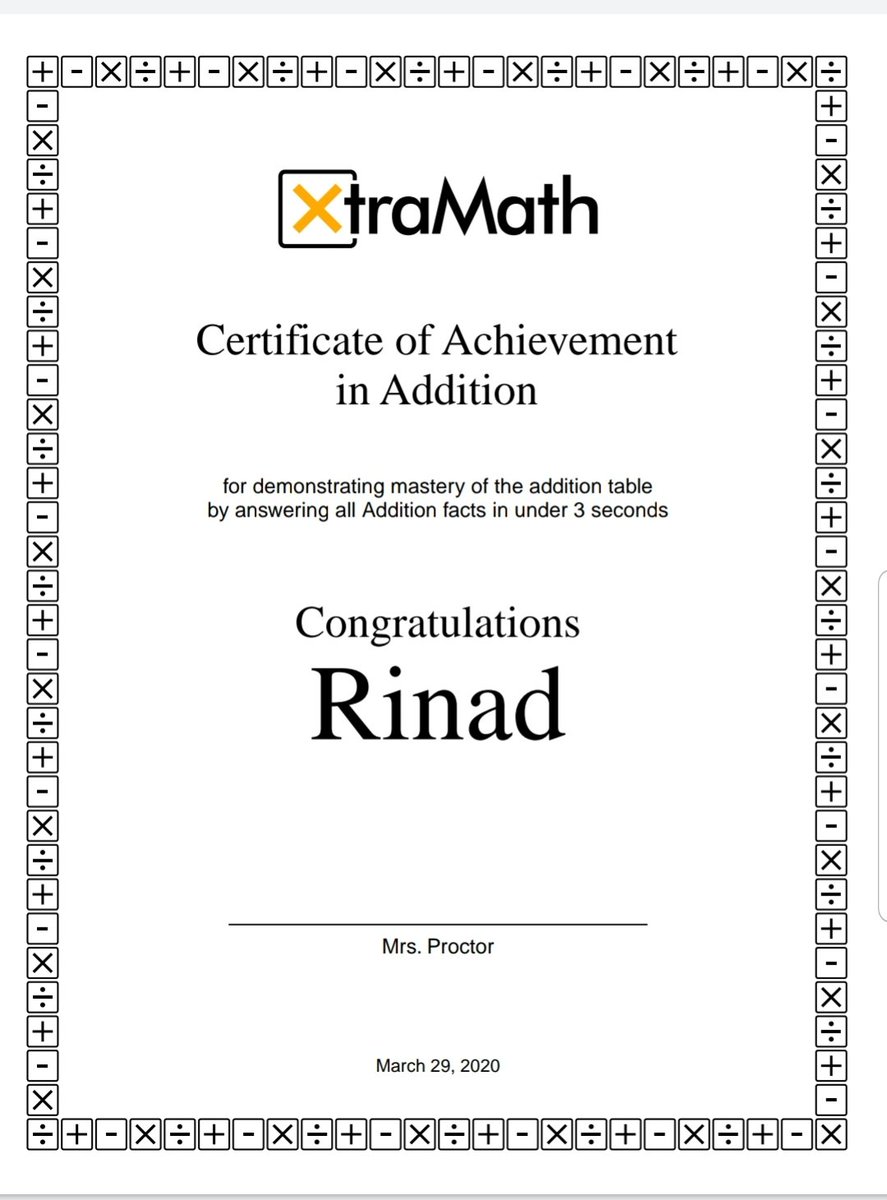 OakProctor's tweet photo. Congratulations Rinad!  You have been working so hard on @XtraMath_US at home. So proud to see your certificate! https://t.co/BMq4dygBTj