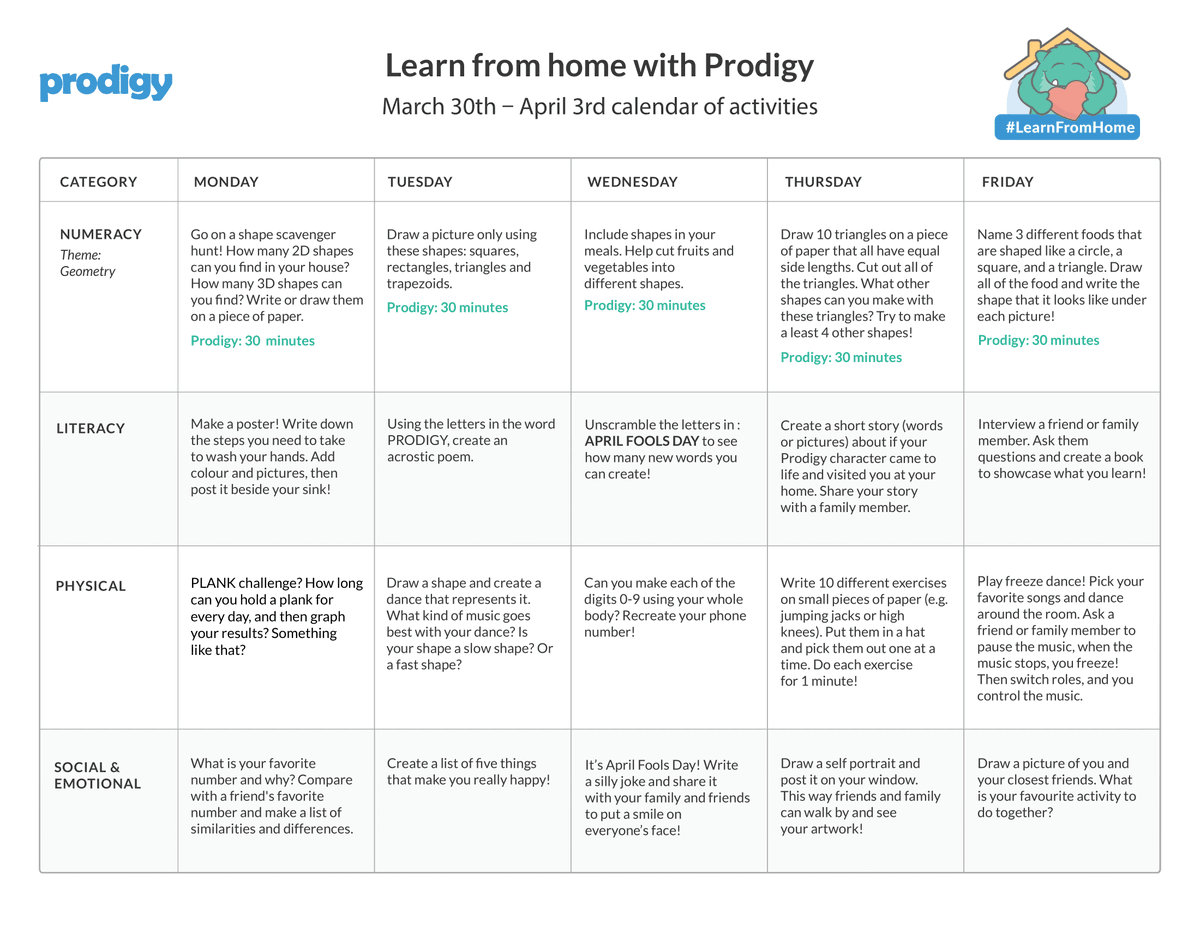 ProdigyGame's tweet photo. 🙌🏽 Our fridge friendly teacher created weekly activities calendar is chock full of fun activities to keep your kids engaged while they #LearnFromHome Week 2 includes a BONUS #AprilFools Word Search you can print out for your kids!🙃
GET YOUR FREE CALENDAR: https://t.co/sJI8OjOqAj https://t.co/NjNoMEftcd