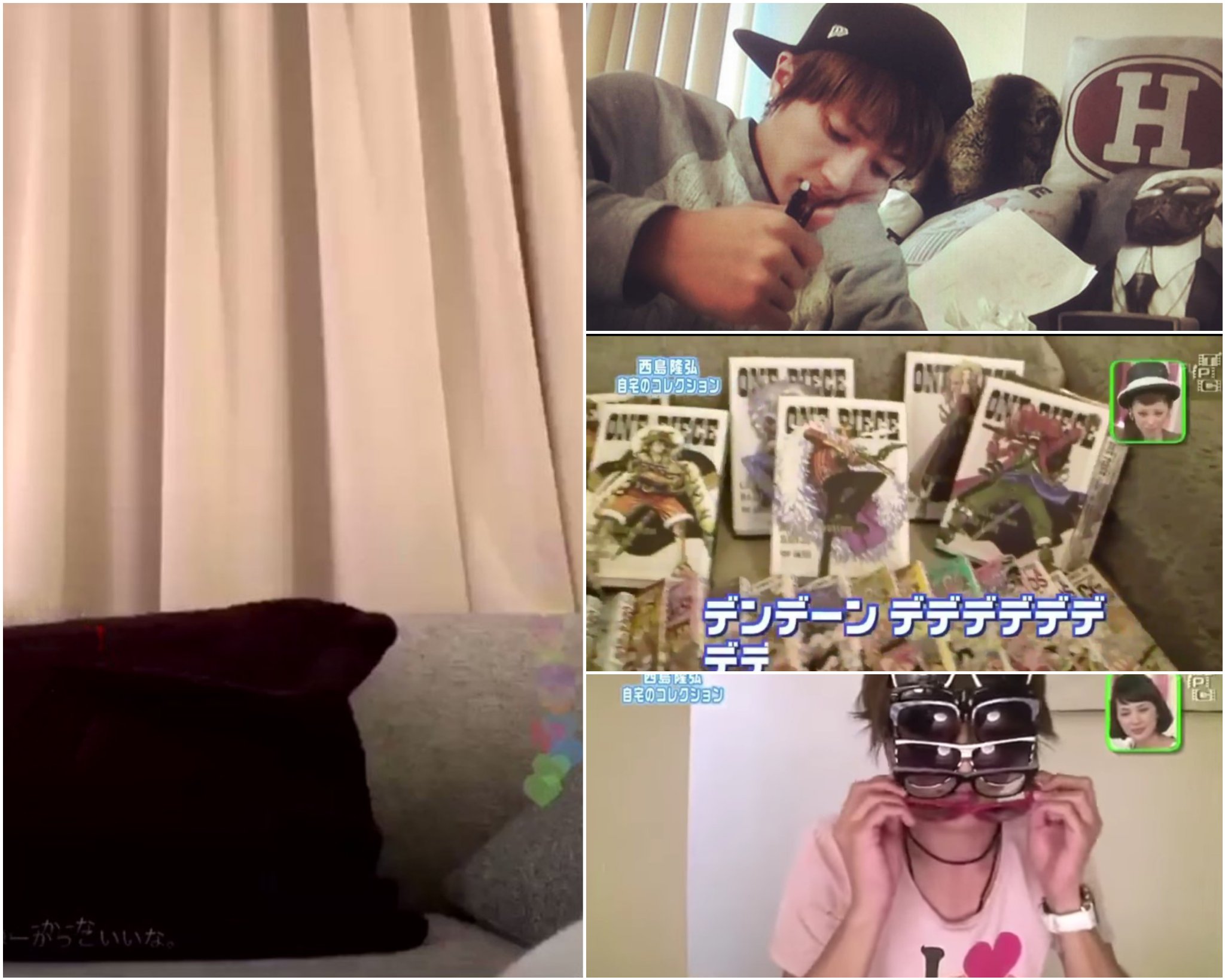 Myaーฅ W ฅ Nissyの ご自宅 昔とは カーテンもソファも違う ワンピース並べてるソファとか 字書いてる時のカーテンは似てる カレーのテーブルは家での大半はここにいるって言ってたカウンターテーブルっぽい 前にソファは1人用って言ってたよね