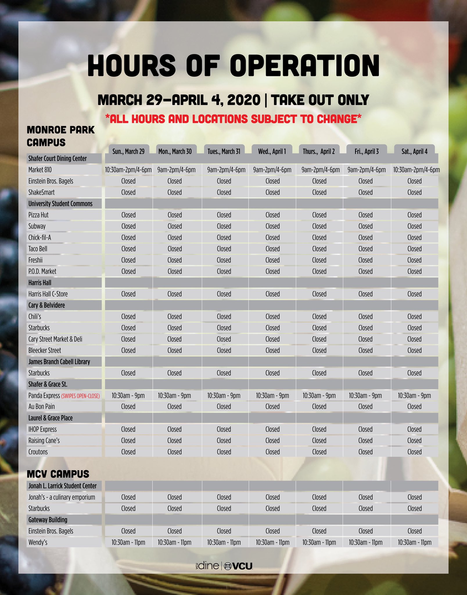 VCUDine on Twitter "Updated hours of operation, email diningvcu.edu for more information
