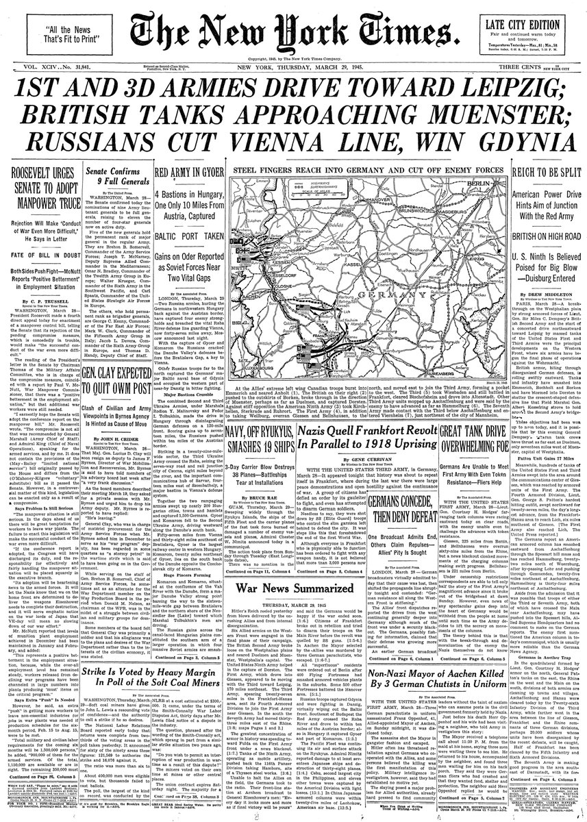 March 29, 1945: 1st and 3D Armies Drive Toward Leipzig; British Tanks Approaching Muenster; Russians Cut Vienna Line, Win Gdynia  https://nyti.ms/2QWcl9T 