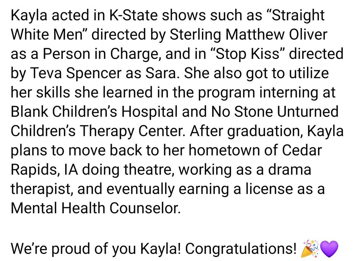 KStateTheatre's tweet photo. Welcome to our first #SeniorSunday! Meet Kayla Lansing, Masters in Theatre-Drama Therapy! 

We’re proud of you Kayla! Congratulations! 🎉💜
#KStateStrong #SeeTheatre #ExperienceMTD https://t.co/idpCOVBn9L