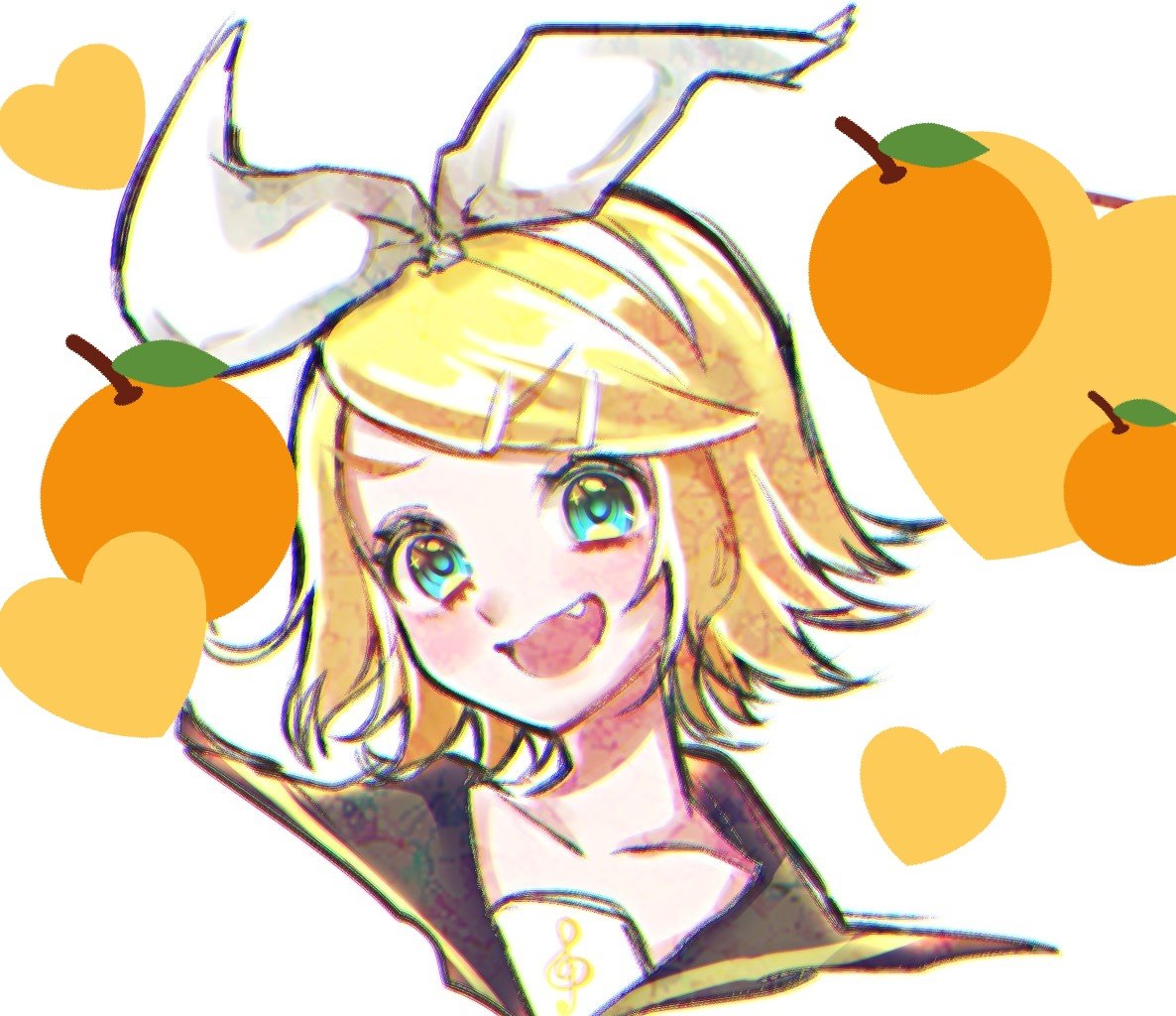 kagamine rin 1girl blonde hair solo orange (fruit) fang fruit hair bow  illustration images