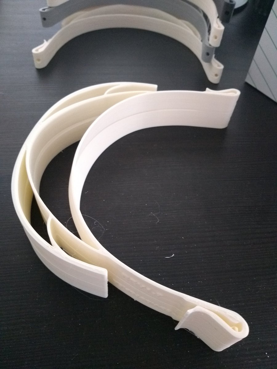 JoseLCadavid's tweet photo. Finally tuned the #emt8 printer to make PPE with the design from @Shop3Dca in 1.5 hours. Tip: when stacking masks, rotate models 180 degrees in an alternating fashion. No supports needed now, so faster prints with less waste. #3Dprinting https://t.co/Od7GPybT82