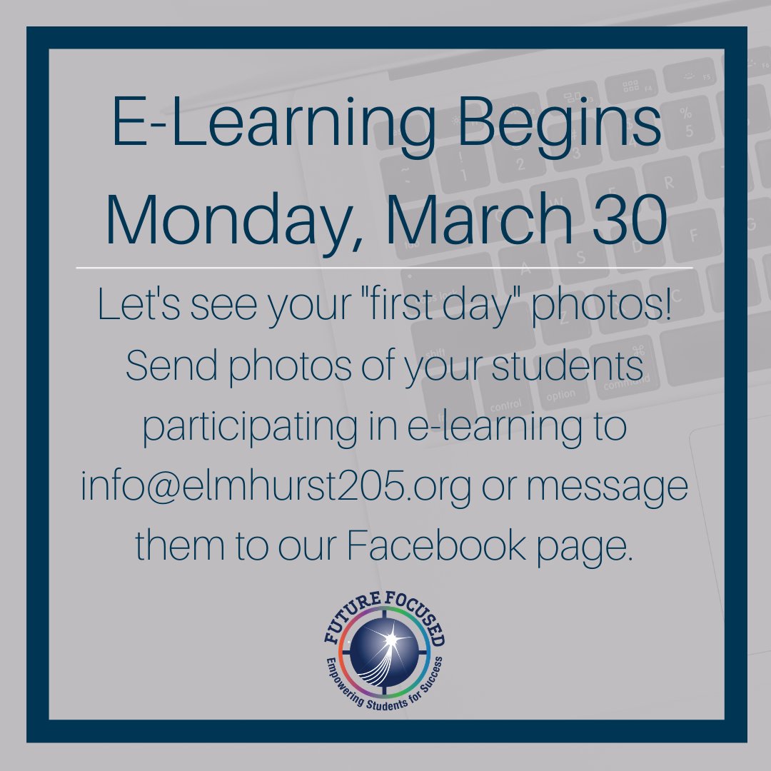 ElmhurstD205's tweet image. E-Learning begins district-wide tomorrow, and we want to see how your family is learning! Send photos of your students to info@elmhurst205.org, or send a message to our Facebook page. #igniteD205