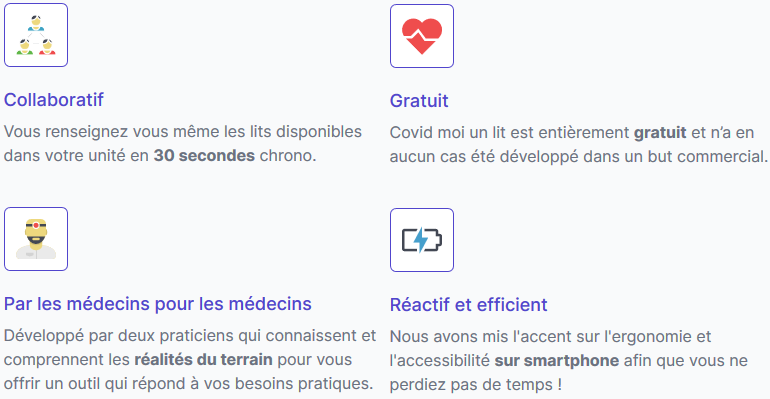 covid-moi-un-lit.com/#interet
30 secondes chrono pour renseigner vous-même les lits disponibles dans votre unité !
1ere application gratuite pr les professionnels de santé à la recherche d’un lit de réanimation pour leurs malades COVID+. 
Contact etablissement@covid-moi-un-lit.com