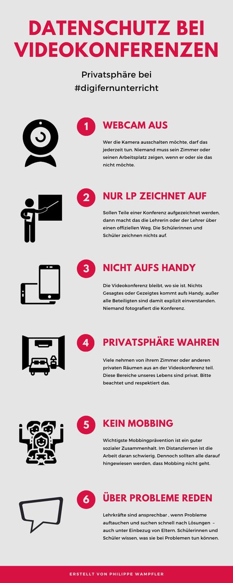 Datenschutz bei Videokonferenzen ist ein Thema, zu dem ich zunehmend Anfragen erhalten. Habe eine #digifernunterricht-Folge dazu aufgenommen, die gleich kommt – aber auch eine Infografik gestaltet. 
Link: schulesocialmedia.files.wordpress.com/2020/03/datens… 
#twitterlehrerzimmer