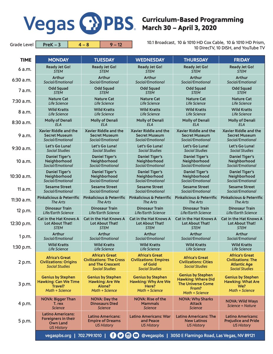 VegasPBS's tweet photo. Beginning Monday, March 30, Vegas PBS will provide 12 hours of curriculum-based programming over the air for Pre-K through 12th grade students. The programs will broadcast on Channel 10.1 from 6 a.m. to 6 p.m. Find the schedule here and at https://t.co/zHp728X2vN https://t.co/j0zllWA6RA