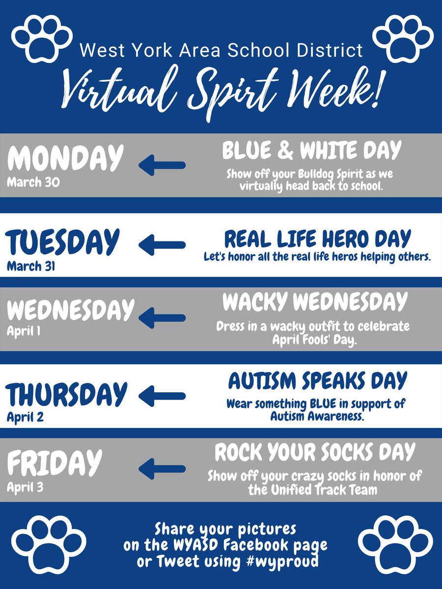Get ready for virtual Spirit Week Two Bulldogs! Share your photos and tag #wyproud 
Thanks again to Teresa Gallup!
#wyasd  <a href="/GallupWYMS/">Ms Gallup</a> @WYAMSPrincipal <a href="/K1PrincipalWY/">WY Primary Principal</a> @MsJLSloan <a href="/LwyBulldog/">Principal Katy Kveragas</a> <a href="/WYAHSBulldogs/">𝙿𝚛𝚒𝚗𝚌𝚒𝚙𝚊𝚕 𝙹𝚘𝚗𝚎𝚜</a> <a href="/holmanwyasd/">Erin Holman</a> <a href="/WYASDSupt/">WYASD Supt. Davies</a> <a href="/appnelwyasd/">Melissa Appnel</a>