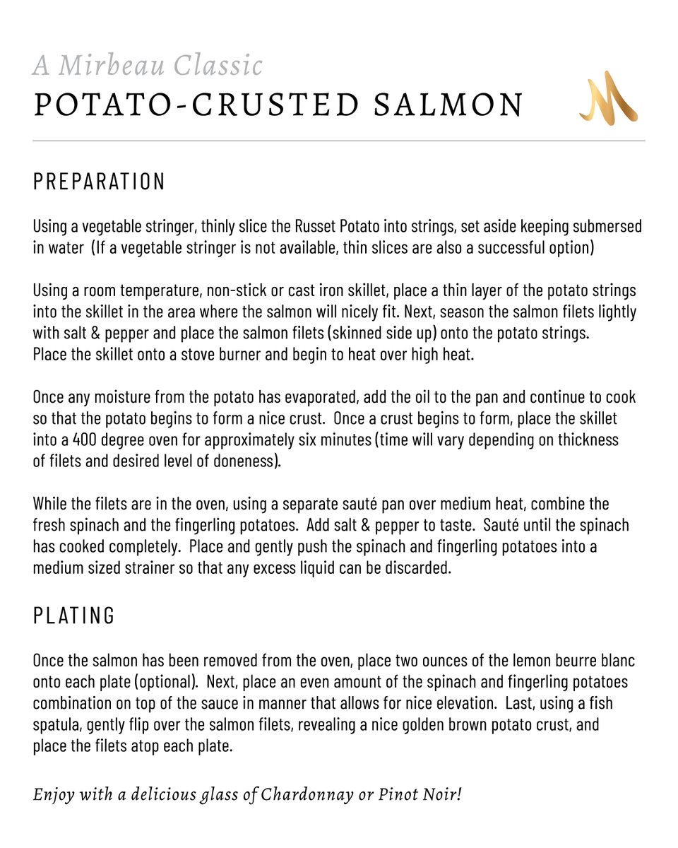 Our Mirbeau Chef's have kindly shared the recipe for our classic Potato-Crusted Salmon for you all to enjoy at home. Bonapetit!🍴