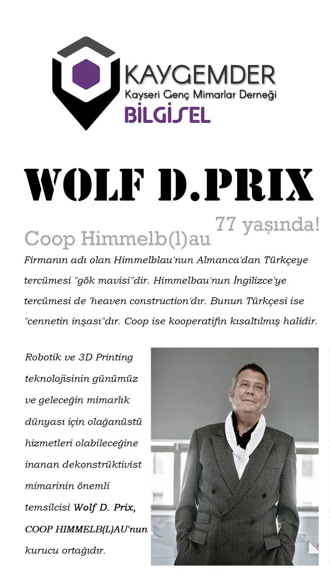kaygemder's tweet photo. Bilgisel paylaşımlarımızda bugün:
Wolf D. Prix!
#kaygemder #bilgisel #wolfdprix https://t.co/AlnQ7OwIVd