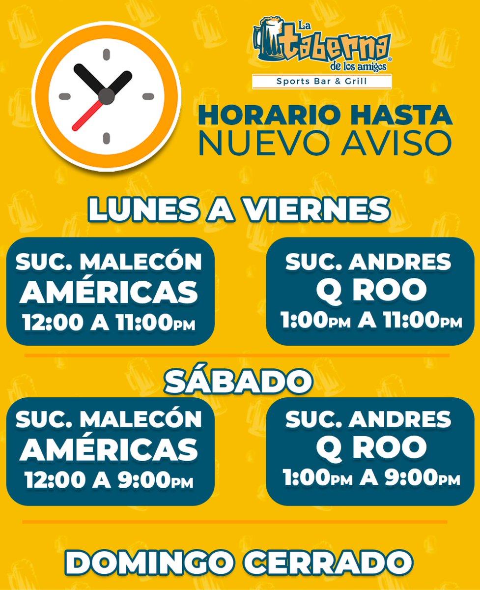LaTaberna_Cun's tweet photo. HOY ESTAREMOS CERRADOS!

Les informamos nuestros horarios hasta nuevo aviso!
Recuerden que pueden hacer sus pedidos por Uber Eats  o en la modalidad Pick &amp; Go vía Whatsapp al: 998 242 2654 https://t.co/S7FHim9hf2