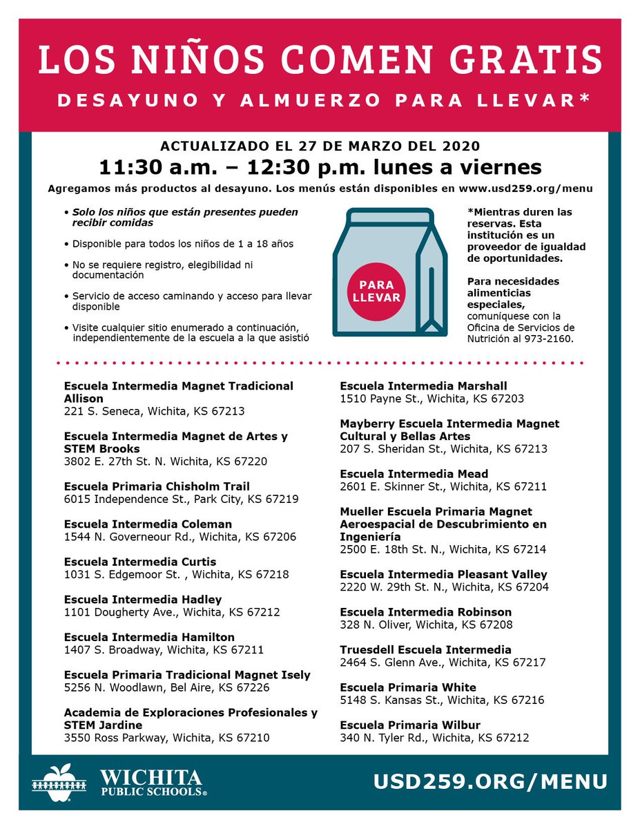 Free meal update: Beginning tomorrow, Monday, March 30, we will be serving breakfast items along with grab-and-go meals. 

Parents can also see a menu for the coming week at usd259.org/menu