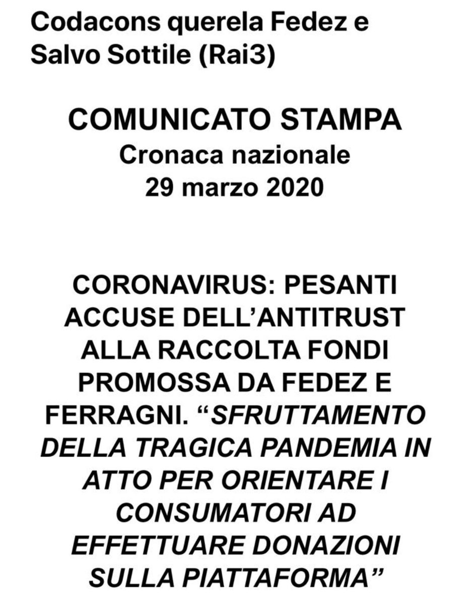 Comunicati stampa per annunciare le querele a mero scopo intimidatorio, penso di non aver mai visto una cosa del genere in vita mia. Ma le priorità del Codacons a fianco dei cittadini per il Coronavirus sono queste?