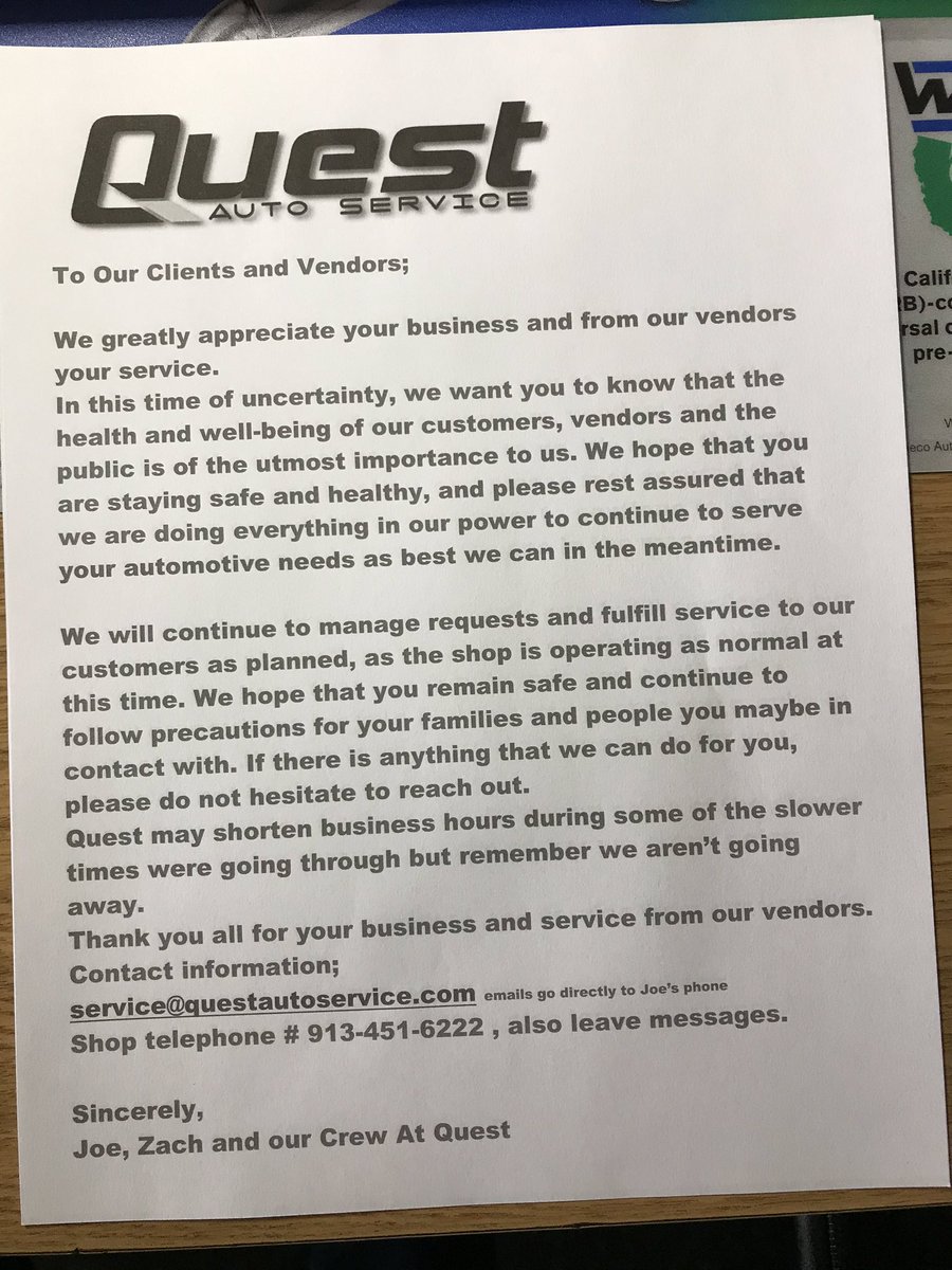QuestAuto's tweet image. Quest is open regular hours Monday through Saturday, to continue to serve your automotive service needs.