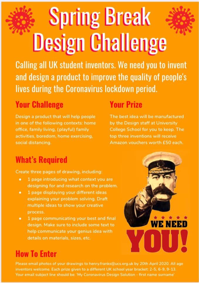 MsNKingWCSA's tweet photo. A design challenge for all those D&T designers out there @KingAlfs @TKASATECH @Priorycsa @WorleSchool... Design a product that will help people at this time. See below poster for more details. If anyone would like any help message or email me nking@tkasa.org.uk #getdesigning https://t.co/mqwM76ltWN