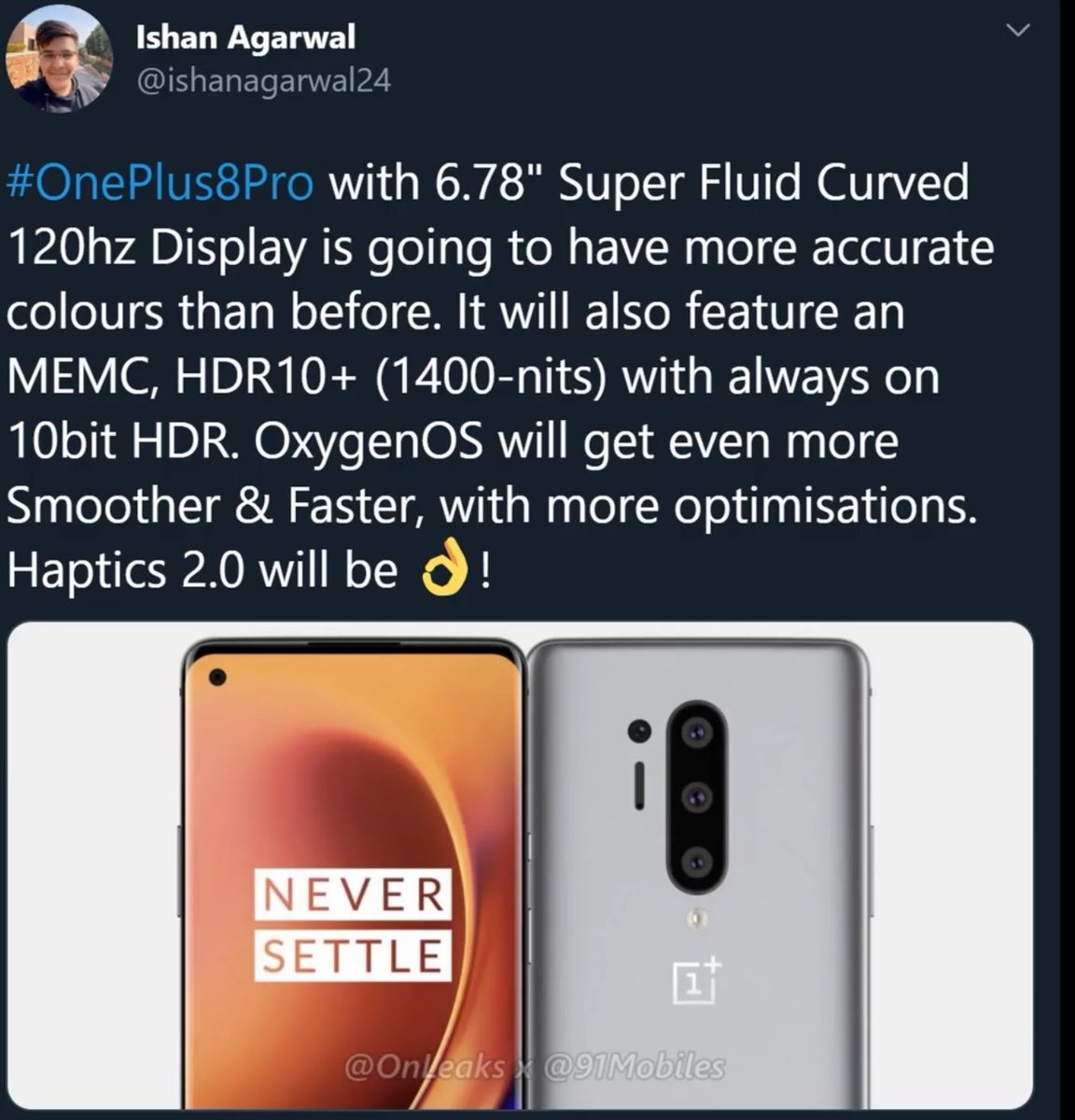 GregglesTV's tweet photo. @OnePlus_USA #OnePlus8Pro display is AMAZING! And there's been a LEAK of more specs. 

The #OnePlus8 #InterstellarGlow color is just - WOW!

Watch my #video 👇 
https://t.co/0CwsKrFYDV

#QuestionOfTheDay
#GregglesArmyStrong
#Daily #Tech #News
✌️ https://t.co/WYrKw005Wf