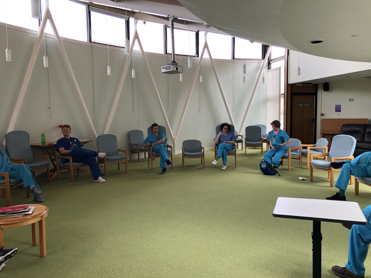 Medical team weekend huddle, maintaining appropriate social distance. Good to reflect on cases seen over the weekend, shared learning and the potential challenges that we face next week @NHSBorders #team