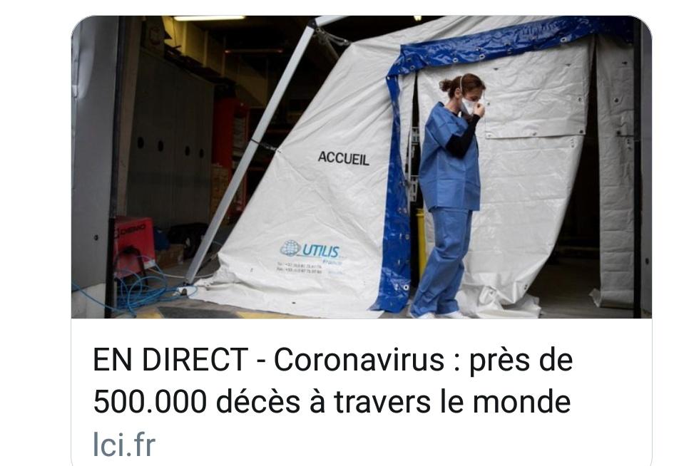 Par contre,  @LCI n'hésite pas à colporter d'énormes mensonges sur le bilan du Coronavirus en annonçant 500.000 décès (25.000 en réalité) pour susciter la panique. Ils sont où les décodeurs de l'Immonde et de Libé ? Cela profite au régime qui nous impose des mesures liberticides.