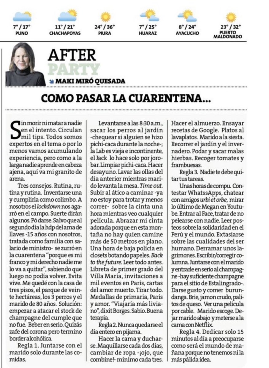 kadaui's tweet photo. ¿Cómo nunca jamás escribir una columna? 
Maki Miró Quesada nos lo enseña en Perú.21. 

Clasista, banal, encarnar un egoísmo nefasto, desde la cima de una montaña, mil eventos en París, mientras recoge frambuesas del invernadero: https://t.co/n1KztLYTMw