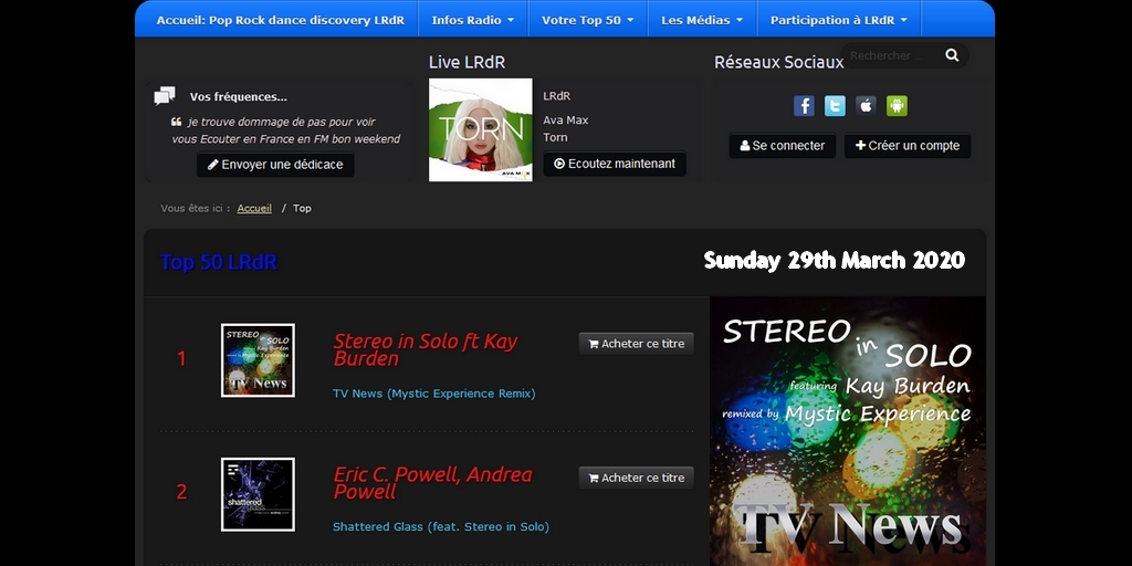 Stereo_in_Solo's tweet photo. Top50 #LRdR @DLeMax 29 March 2020
https://t.co/do4W0ej4VK
#1 @Stereo_in_Solo ft @KayBurdenMusic RMX #MysticExperience
https://t.co/JDXnpy2XKK
#2 @ecpowellmusic @PurpleRoseAndy
& @Nalya_officiel @olivdor @JordanHigo @Emeric40 @SunsetSons #Delvis @marion_elge @theTracyMorris https://t.co/0coOqw0HWz