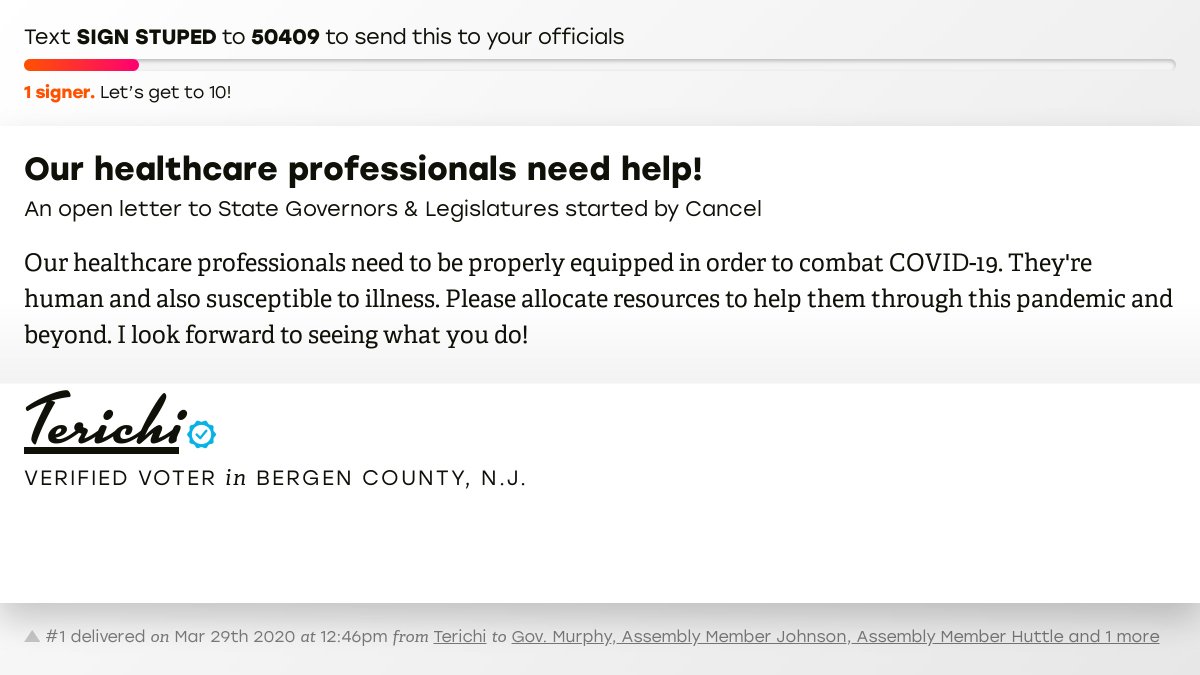 🖋 Support Terichi by signing “Our healthcare professionals need help!” and I’ll deliver a copy to your officials too: x.com/messages/compo…

📨 Last delivered to <a href="/GovMurphy/">Governor Phil Murphy</a>, Assembly Member Johnson, Assembly Member Huttle and 1 more  #NJpolitics #COVID19