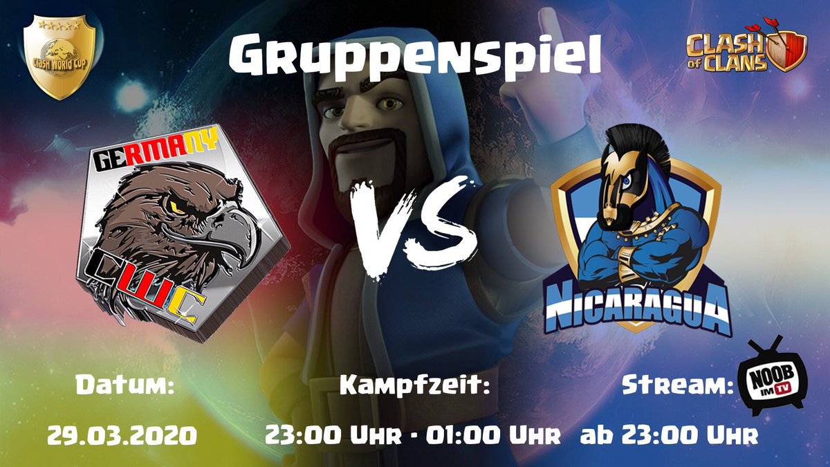 CWC Germany (@cwcgermany) on Twitter photo Heute ist es soweit Deutschland startet in den Clash World Cup.
Unser Ziel? Natürlich Titelverteidigung! 👑
In der 1. Woche der Gruppenphase treffen wir auf Nicaragua.
Noobs verfolgt für euch live auf Twitch das Geschehen - schaltet ein.
<a href="/ClashOfClansDE1/">Clash of Clans DE</a> <a href="/Noobs_iMTV/">Noobs_iMTV</a> Heute ist es soweit Deutschland startet in den Clash World Cup.
Unser Ziel? Natürlich Titelverteidigung! 👑
In der 1. Woche der Gruppenphase treffen wir auf Nicaragua.
Noobs verfolgt für euch live auf Twitch das Geschehen - schaltet ein.
<a href="/ClashOfClansDE1/">Clash of Clans DE</a> <a href="/Noobs_iMTV/">Noobs_iMTV</a>