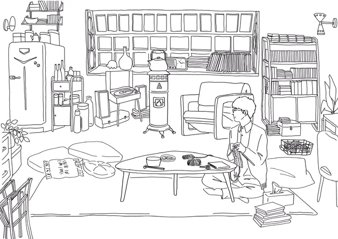 ここに来て今までの話は全て、
オトコの妄想?という展開。

そうなるとあれもこれも…となかなかに
サイコパス。

そんな彼の部屋をぬり絵するのは深みに入りそう。

慣れぬ手つきで手編みしていた彼。妄想相手の為に、リアルに編んでいたとしたら…ひい。

#星野源
#どん兵衛
#ぬりえ 

A4推奨。 