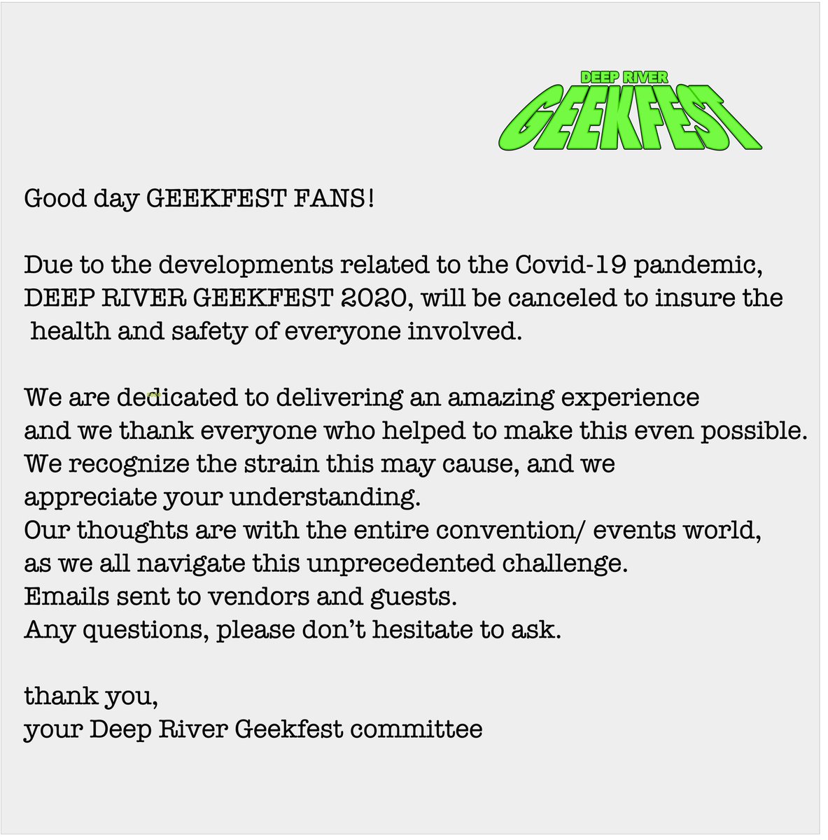 DGeekfest's tweet photo. An update on #DeepRiverGeekfest https://t.co/kot6zmjO9I
