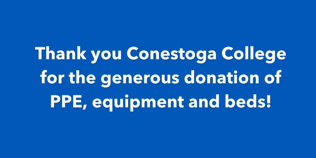 grhospitalkw's tweet photo. Thank you to our friends @ConestogaC School of Health &amp; Life Sciences for their generous donation of PPE including masks, gloves, and face shield; equipment; and beds. All of these items are much needed and will go to immediate use. https://t.co/ZWCFArgcNM