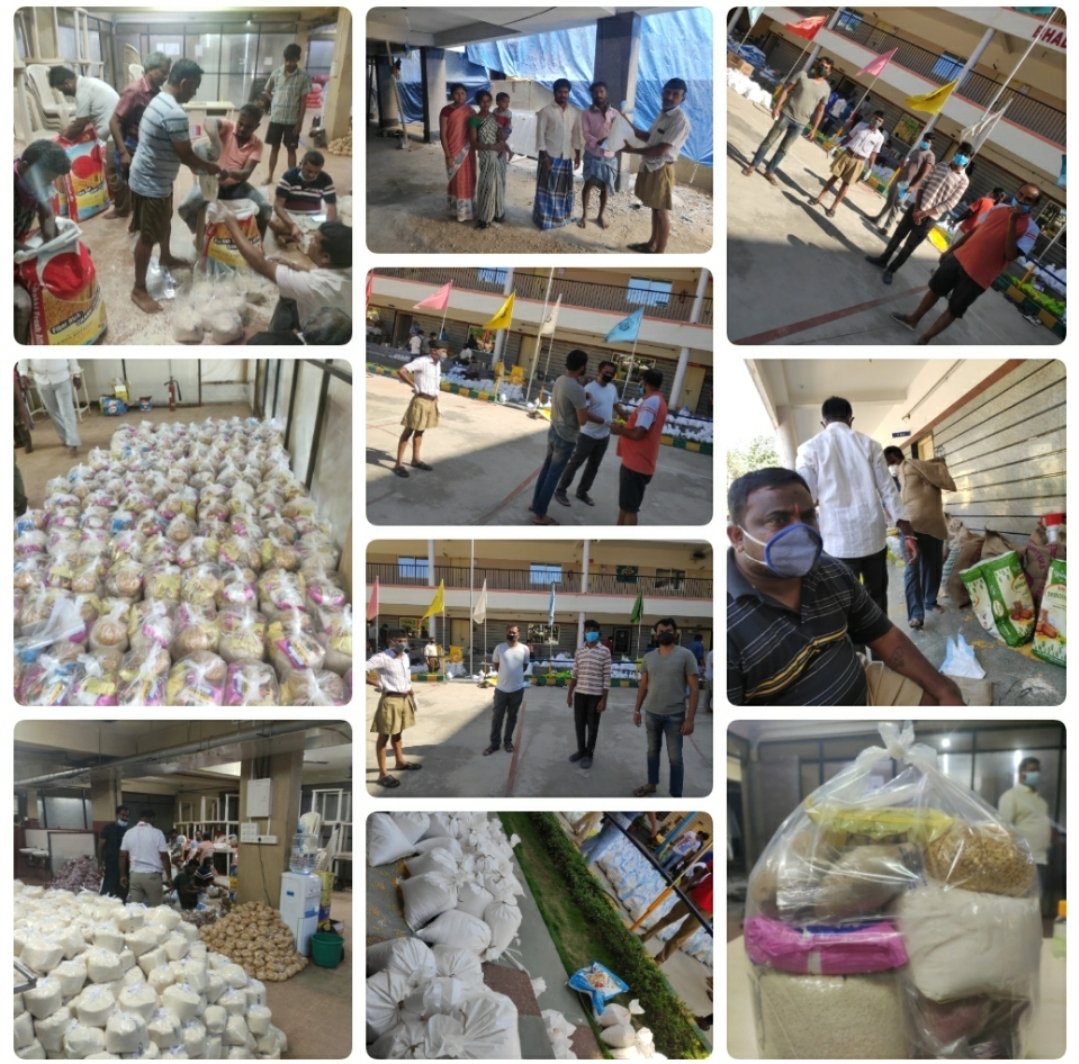 Indiarising19's tweet photo. Massive preparation in RSS Seva Kendra,https://t.co/0XDuKG7SaM participation by Swayamsevaks in  preparing,packing grocery kits.From these centres kits reach the needy.Atmost care in packing,https://t.co/Whv7biPxQz distancing,determination to deliver the needy. #RSSInAction #BlrN https://t.co/lpzY9OB4FG