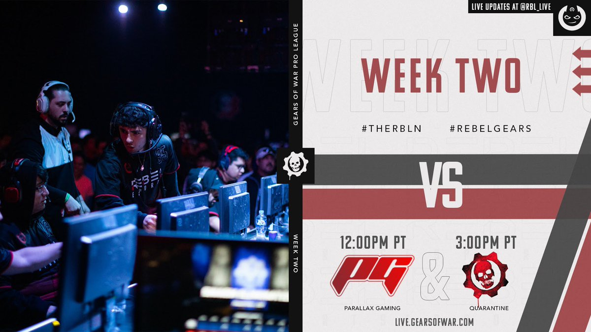 Week Two of the @EsportsGears Pro League is already here 👏🏼

#REBELGEARS will be facing off 
🆚 <a href="/Parallax_gg/">Parallax Gaming</a> at 12pm PST
🆚 #Quarantine at 3pm PST 

Visit @RBL_LIVE for live updates on our matches 🔊

#THERBLN