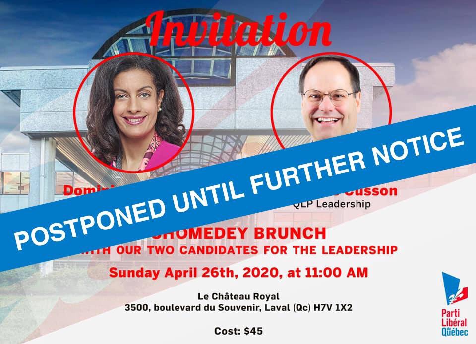 de_plq's tweet photo. With the well-being of our residents at heart, the executive of the Chomedey Liberal Ass. decided to postpone our brunch on April 26th until further notice. We are aware of the constraints of the situation and the impact COVID-19 has on our activities. #covid19 #flattenthecurve https://t.co/94ZYpkgLmr