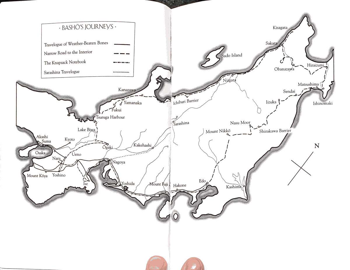 Basho would wander for months, surviving from luck along the way. he would gift poems to patrons. his haiku which went the 17th century form of viral:an ancient pond a frog jumps in the splash of watersee a map of his travels from his book, Narrow Road to the Interior.