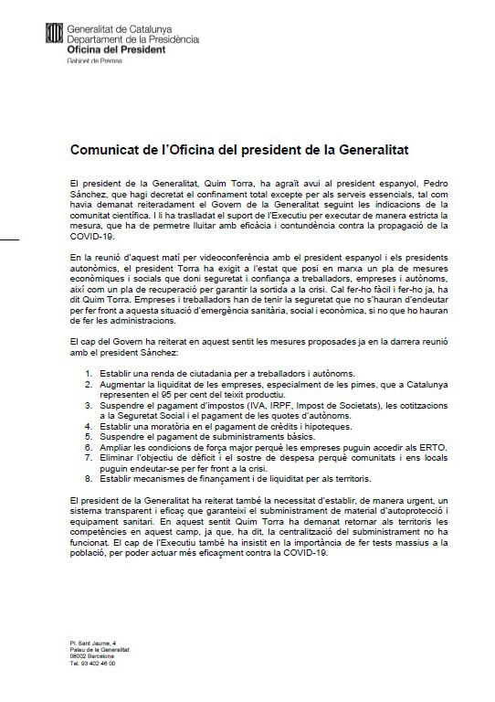 QuimTorraiPla's tweet photo. Reunió d’avui. 3 idees clau:

1⃣Donar seguretat i confiança a treballadors i autònoms: renda bàsica universal 
2⃣Liquiditat a empreses: moratòria total impostos i suspensió quotes autònoms
3⃣Qui s’ha d’endeutar són les Administracions, no les persones ni les empreses

En detall: https://t.co/JIEHt503Vv