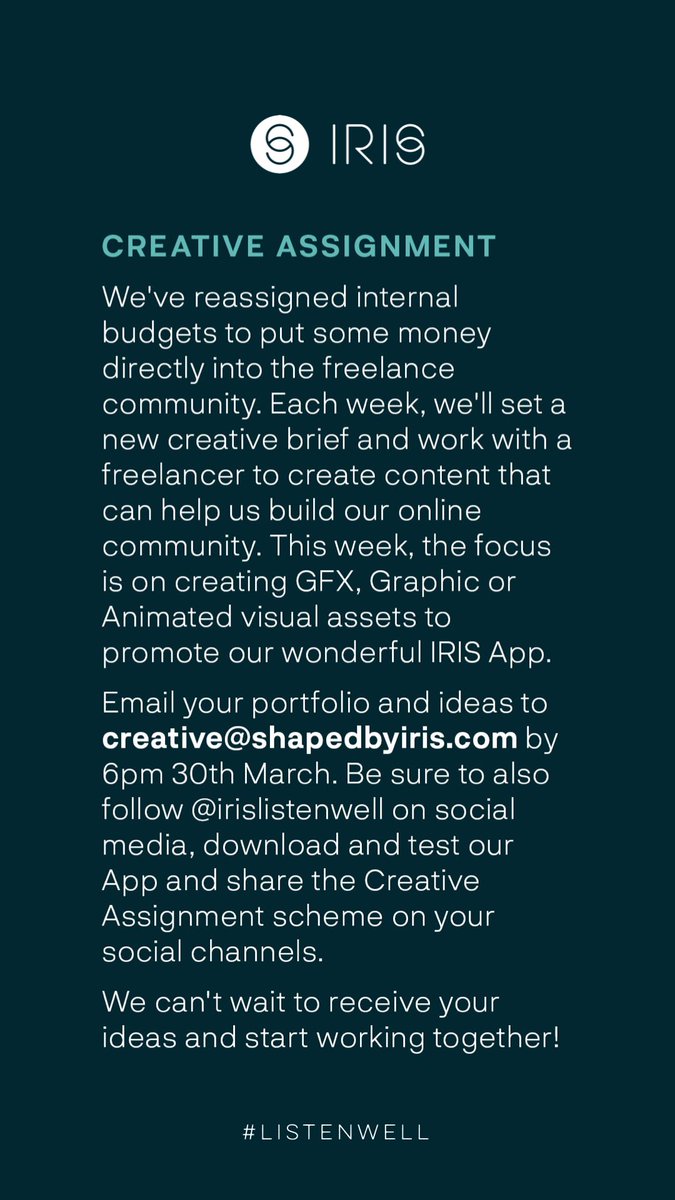 Hello creatives &amp; freelancers in my network. Many of you have been hit hard by the current climate; so we decided to launch an initiative to support.

Each week we will share a new creative brief for any freelancer to pitch on. This week’s brief is attached below. <a href="/irislistenwell/">irislistenwell</a>
