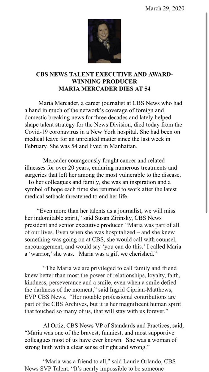 Christina Ruffini On Twitter This Is A Devastating Loss For Cbs News For All You Not Taking This Seriously It Just Took Our Friend Maria You Will Be Very Very Missed Covid 19