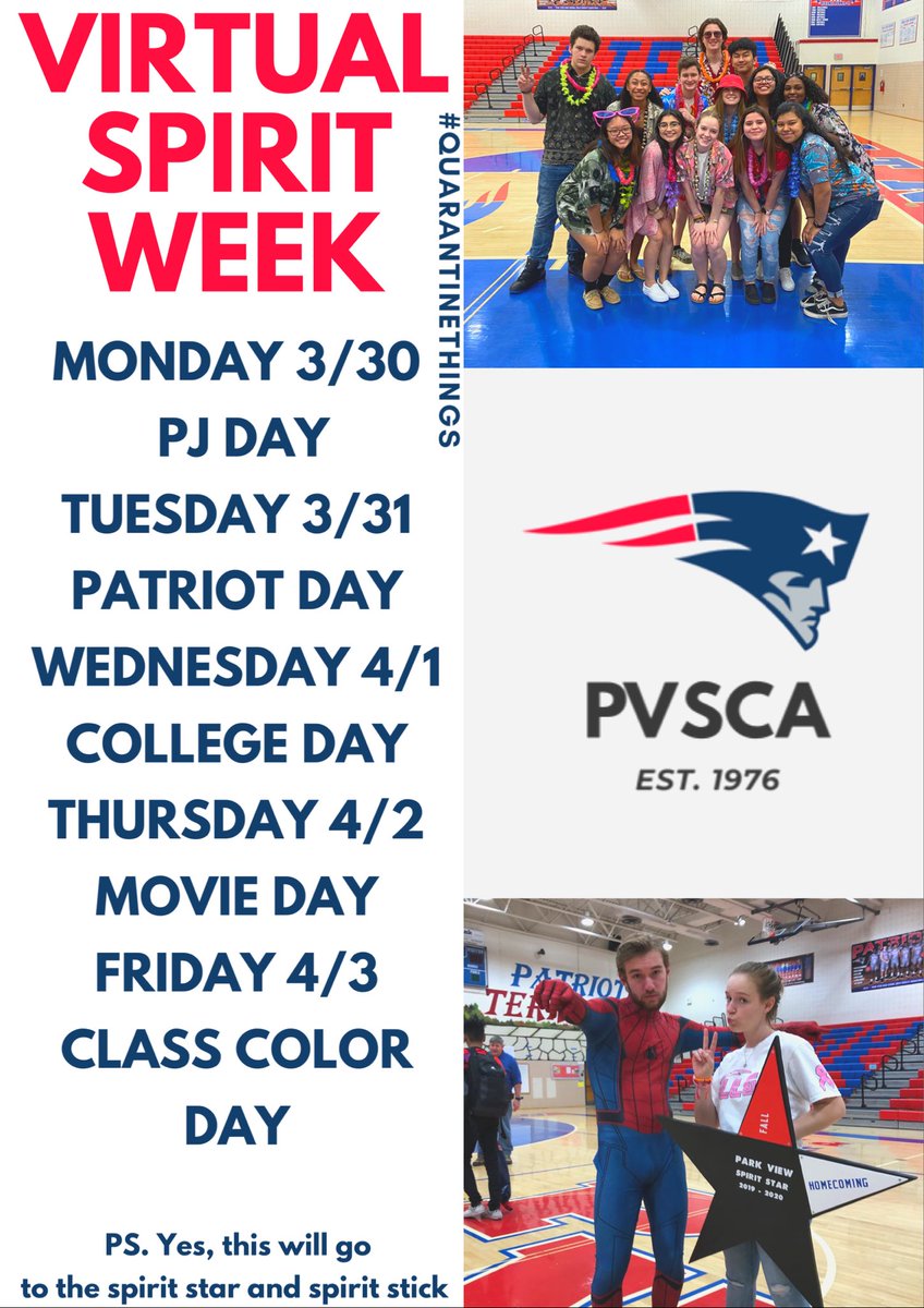 ParkViewSCA's tweet photo. VIRTUAL SPIRIT WEEK STARTS TOMORROW!!!!!!!🤪🤪🤪🤪 https://t.co/BEepSOt0w9