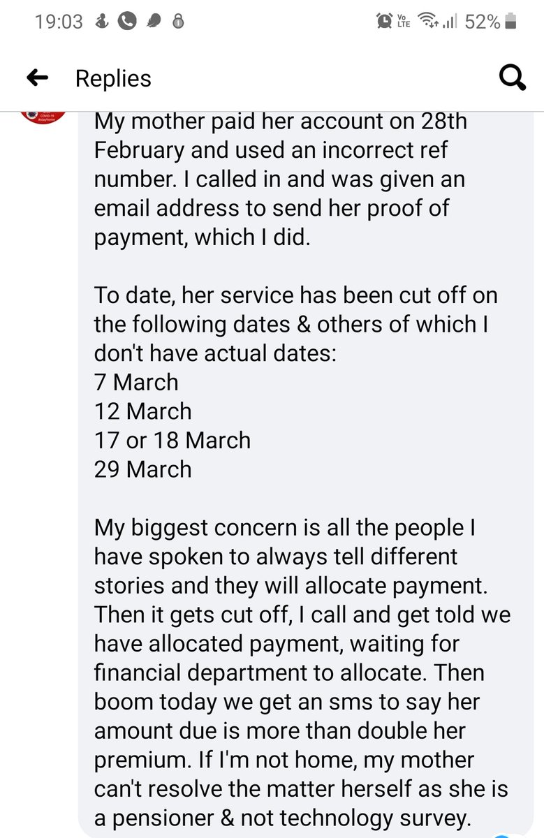 finaso's tweet photo. @DStv My mother paid her account on 28th February and used an incorrect ref number. I called in and have send the proof of payment.

To date, her service has been cut off on the following dates &amp; others of which I don't have actual dates:
7, 12, 17 &amp; 29. Currently it's off https://t.co/YereWvTDMZ