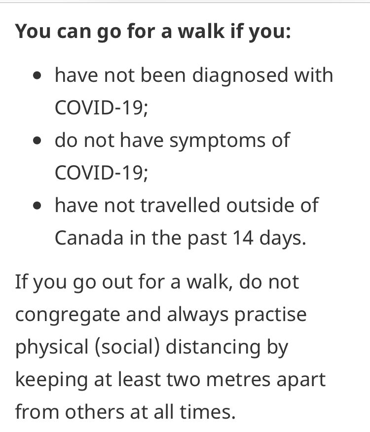 There’s been a LOT of confusion about this, so Public Health has offered clearer rules about who should or should not go outside for a walk
canada.ca/en/public-heal…