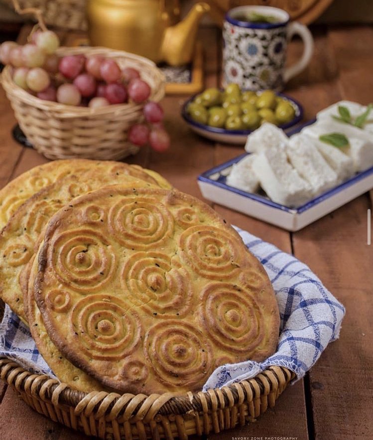 Kaak asfar or khubz ftout is cooked by Palestinians in many special occasions such as the Christian Holy Thursday, the Muslim prophets birthday, funerals, weddings, etc. the circles represent rain drops inherited from the canaan culture. It represents life and new beginnings.