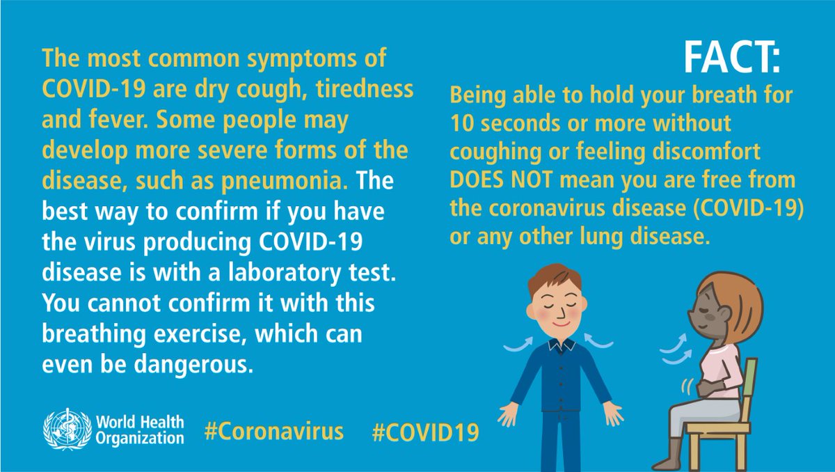 FACT: Being able to hold your breath for 10 seconds or more without coughing or feeling discomfort DOES NOT mean you are free from the  #coronavirus disease or any other lung disease. http://bit.ly/COVID19Mythbusters  #COVID19  #KnowTheFacts