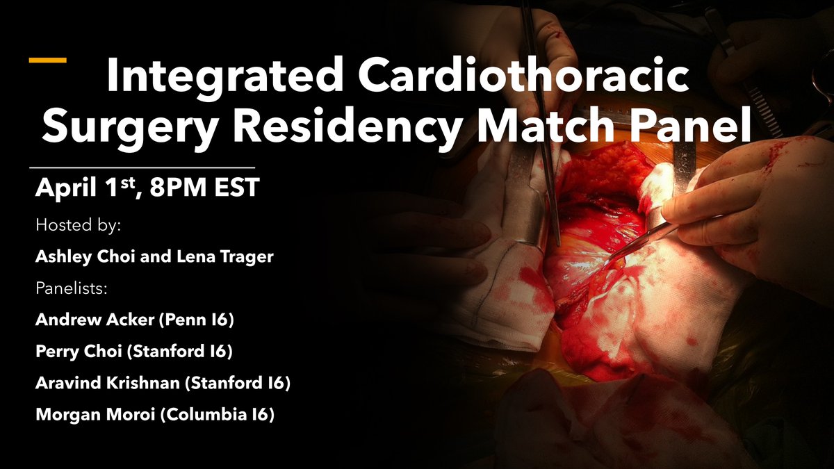 This Wed. 4/1 at 8pm EST <a href="/AshleyYJChoi/">Ashley Choi MD MHS</a> and I are hosting an integrated CT surgery virtual match panel via @zoom_us! Please RSVP for advice about the application process from recently matched I6 CT surgery residents <a href="/morgan_moroi/">Morgan Moroi</a> <a href="/arav_krishnan/">Aravind Krishnan, MD</a>  docs.google.com/forms/d/1UB5Vs…