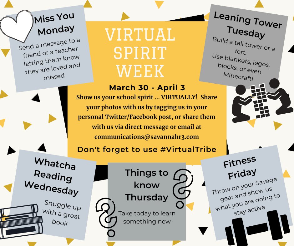 Savannah_R3's tweet photo. Join us this week for a district-wide virtual spirit week! Send us your pictures in messenger or email them to communications@savannahr3.com to be featured. #SavannahR3 #SavageNation #VirtualTribe https://t.co/wSVsLvyXCu