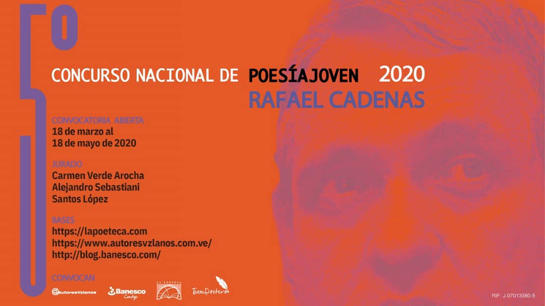 CulturaUrbana's tweet image. Ya está abierta la convocatoria para el 5to Concurso Nacional de Poesía Joven Rafael Cadenas.
Organizado por @TeamPoetero, @AutoresVzlanos, @Poeteca1 y @banesco para incentivar la creación poética de escritores venezolanos✍️